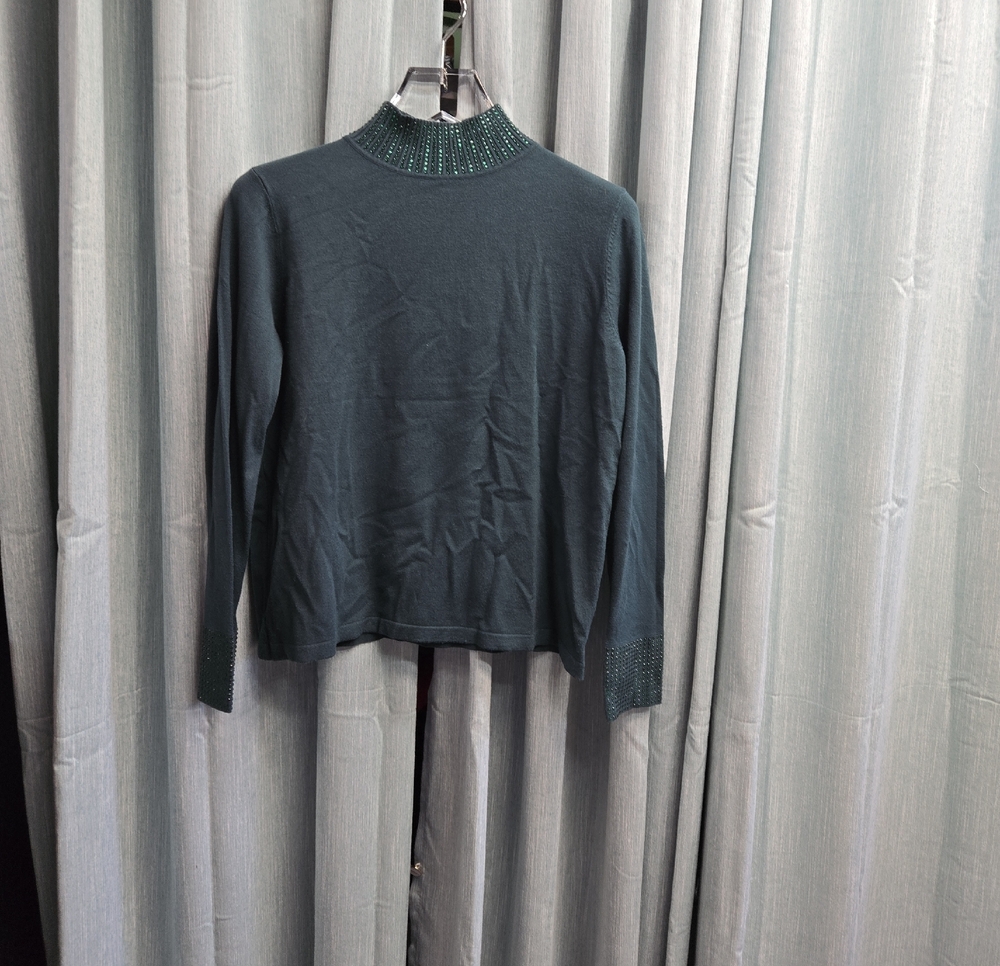 Women's Green Turtleneck Sweater with Embellished Collar